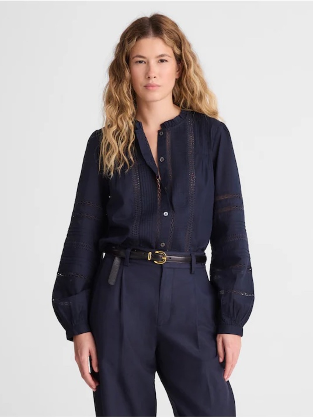 Madewell Navy Eyelet-Trim Long-Sleeve Blouse